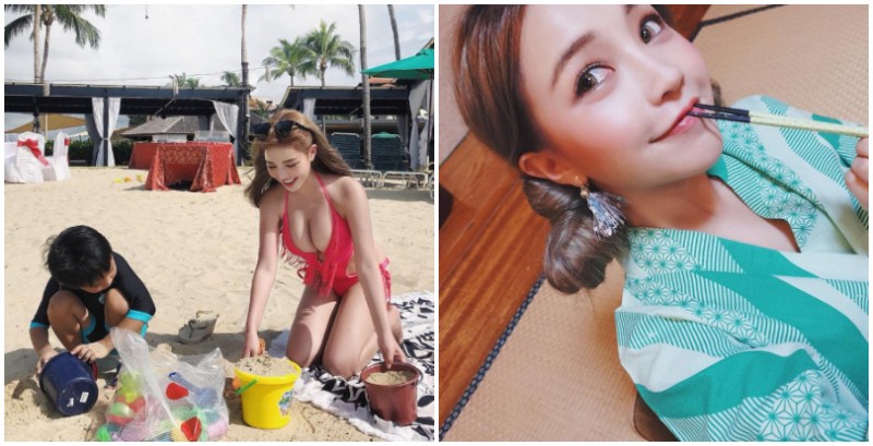 底迪你在看哪裡！激正「爆乳正妹」彎腰玩沙，不只弟弟連老爸也看傻了眼！