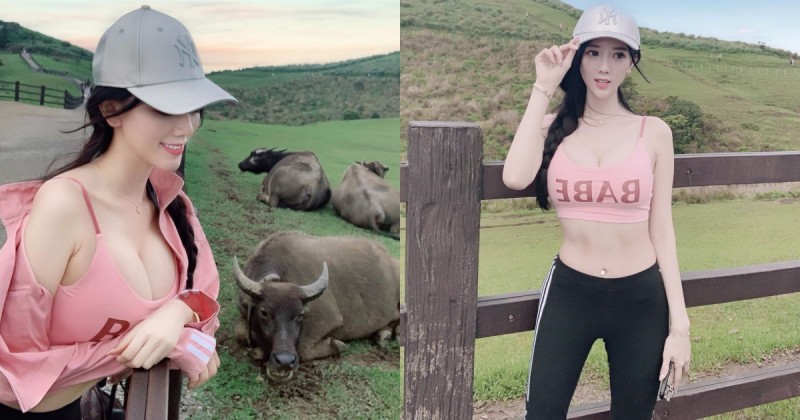 超猛「爆乳正妹」子涵擎天岡出沒！看牛不忘帶上「重量級長輩」 火辣身材誰能無視她