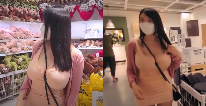 夾好緊！跟著「巨乳小姐姐」逛IKEA　斜揹帶直接被大奶球吞沒